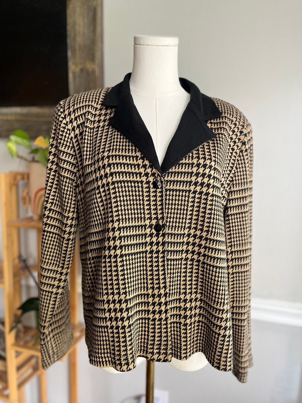 Vintage 90s Houndstooth Plaid Cardigan Black Tan Collared Size Large
